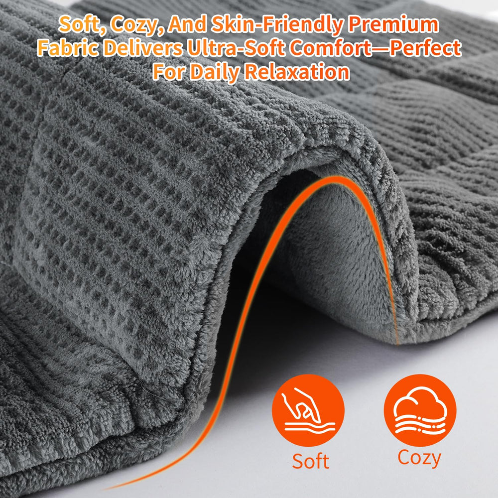 TiMiCalda heating pad on neck and shoulders provides soothing heat.
