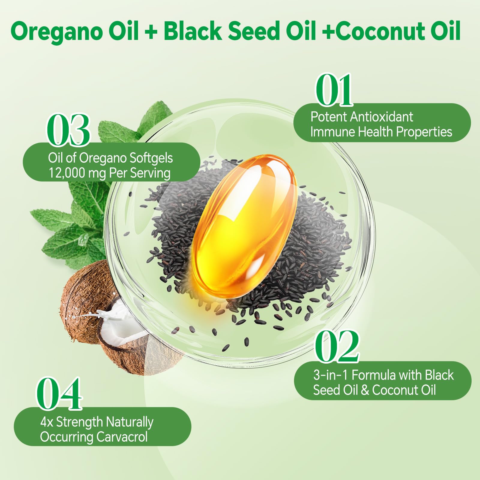 TIMORA oregano softgels closeup, smooth capsules suitable for sensitive stomachs.