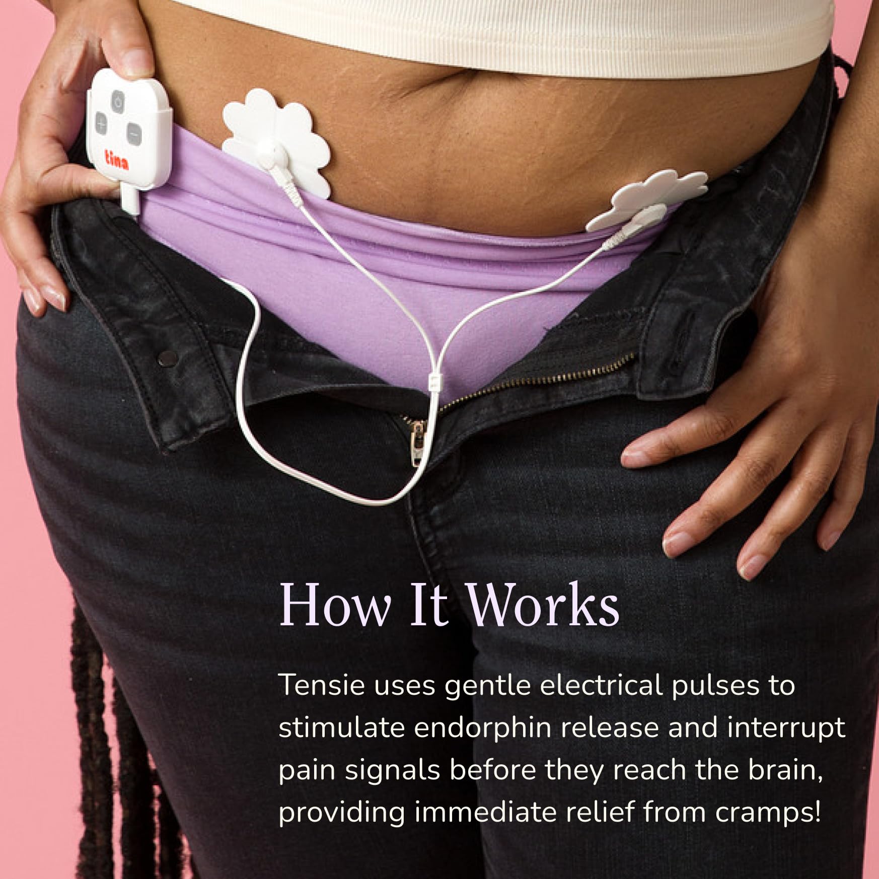 Tensie waistband clip attachment shown for targeted, hands-free relief