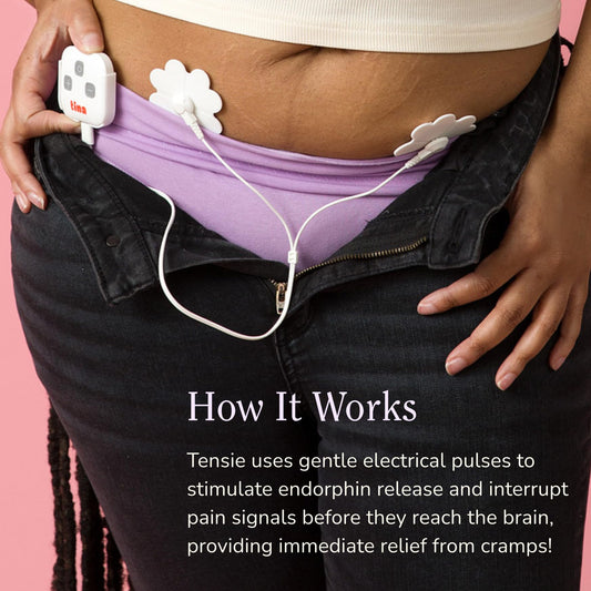 Tensie waistband clip attachment shown for targeted, hands-free relief