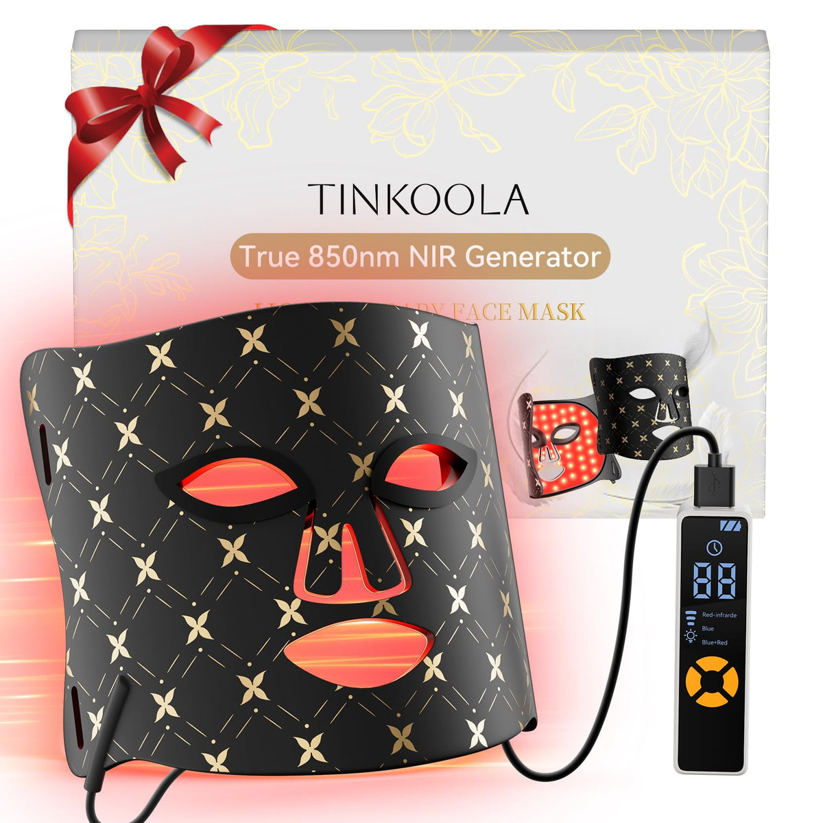 Tinkoola red light face mask using 630nm-830nm wavelengths for at-home skin therapy.