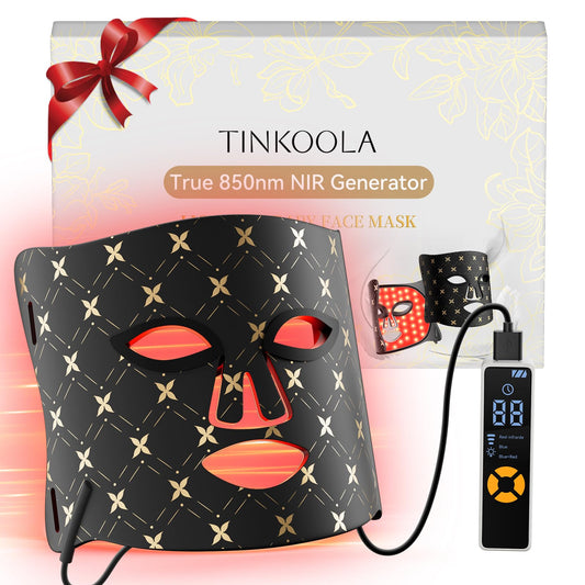 Tinkoola red light face mask using 630nm-830nm wavelengths for at-home skin therapy.
