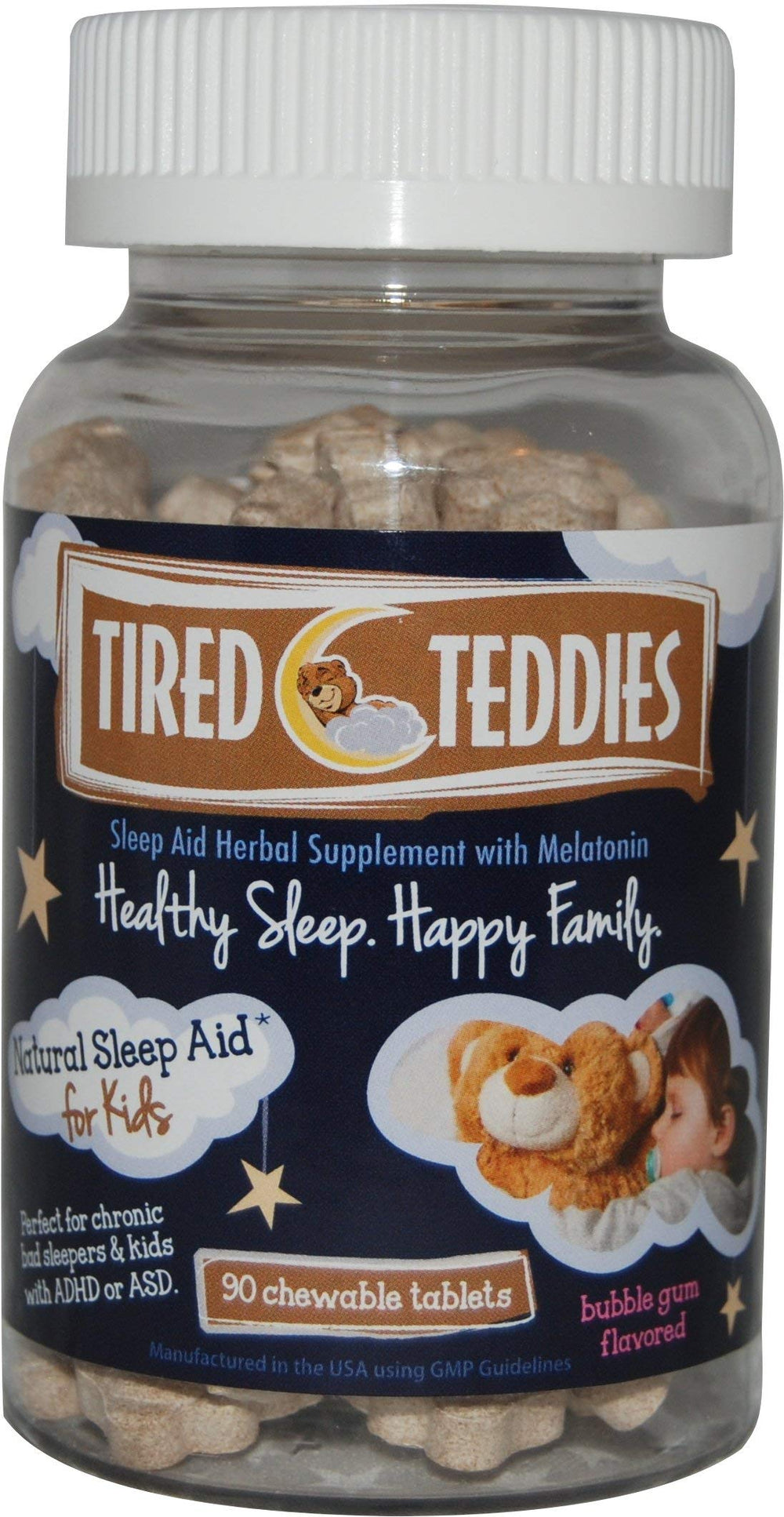 Tired Teddies bubblegum chewable bottle supports kid bedtime routines.