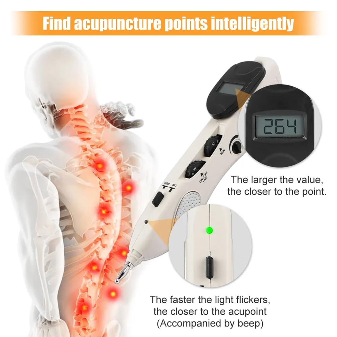 Tirisia acupuncture pen with massage heads enables versatile point stimulation.