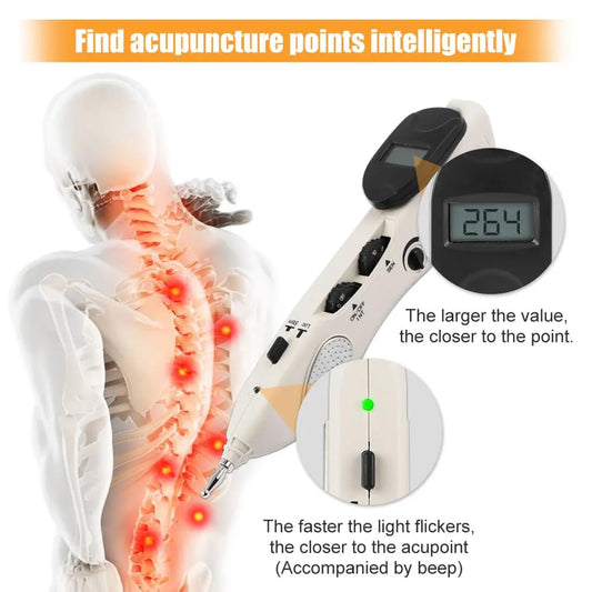Tirisia acupuncture pen with massage heads enables versatile point stimulation.