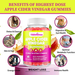 Tisestence ACV gummies featuring green tea energy icon on label.