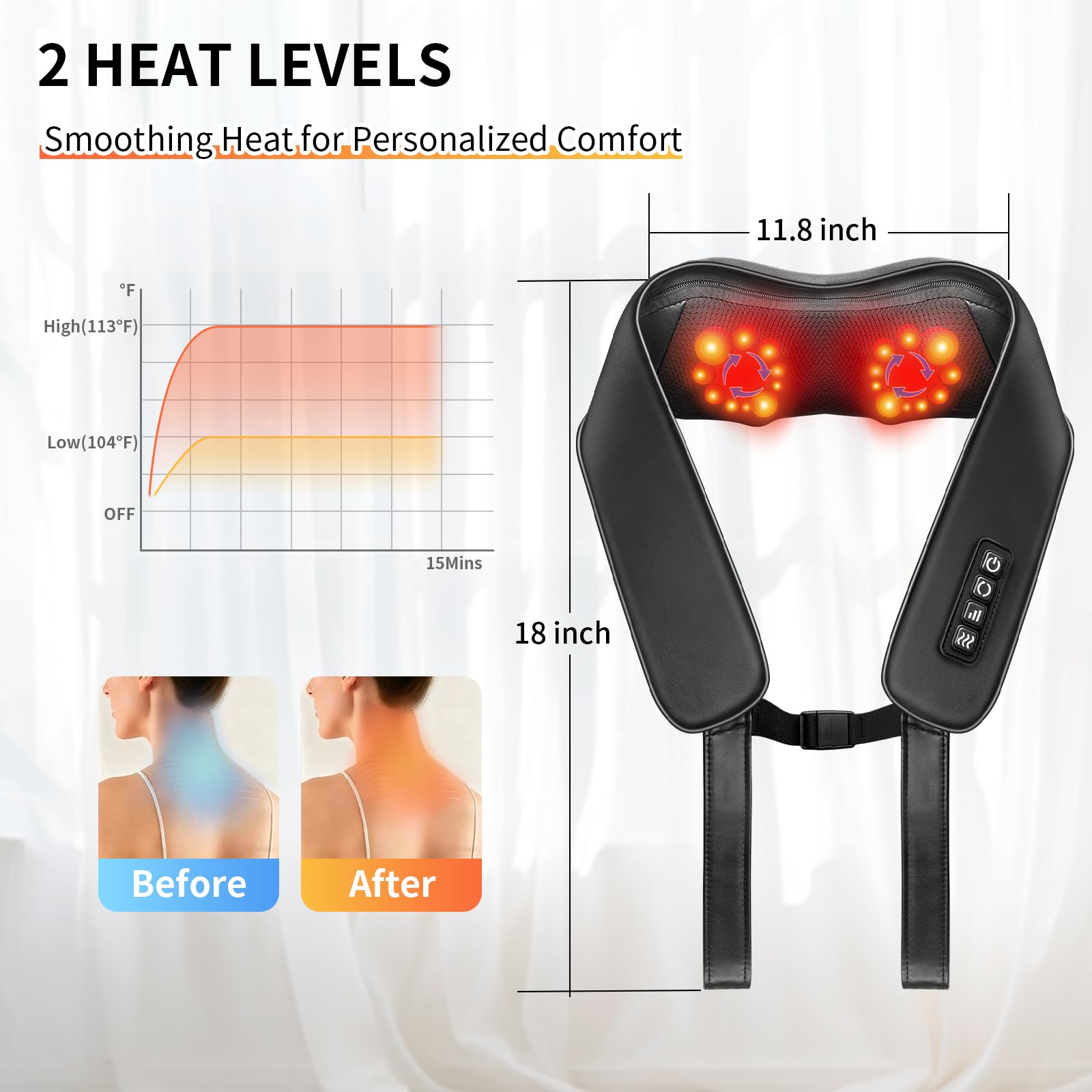 TISSCARE neck massager heat levels 104f and 113f for soothing warmth.