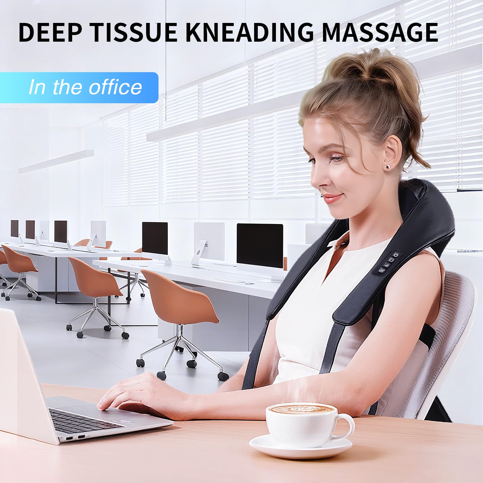 TISSCARE neck massager worn securely for hands-free comfort.