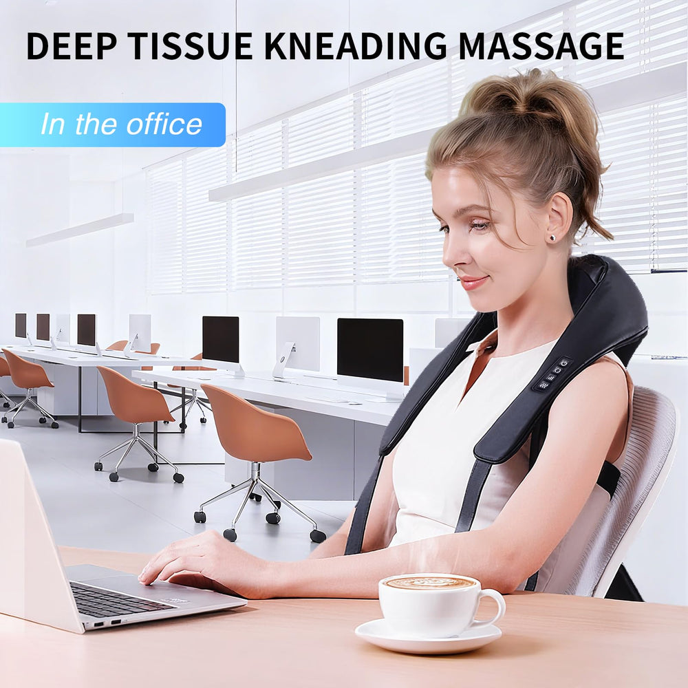 TISSCARE neck massager worn securely for hands-free comfort.