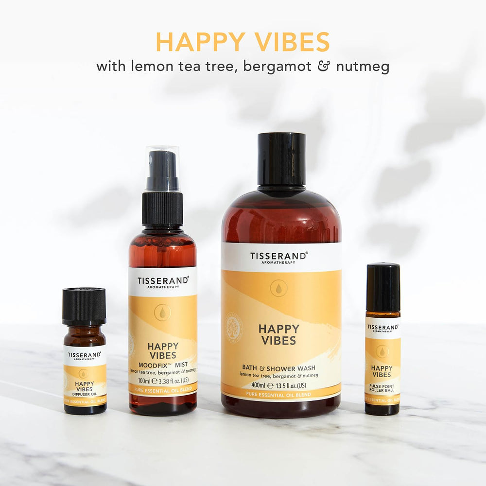 Tisserand Happy Vibes bergamot note offers uplifting citrus vibe.