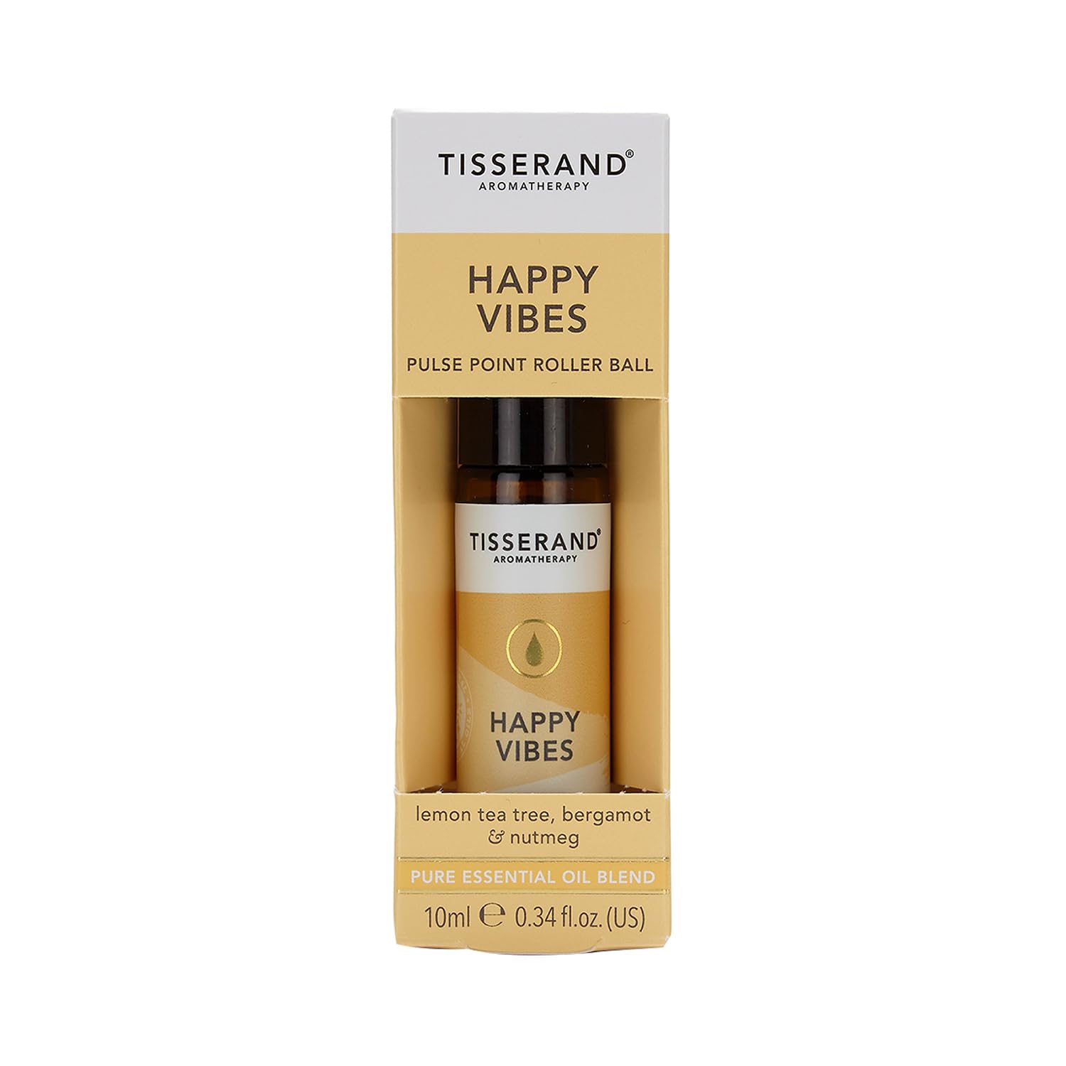 Tisserand Happy Vibes bottle open reveals roll-on applicator ready to use.