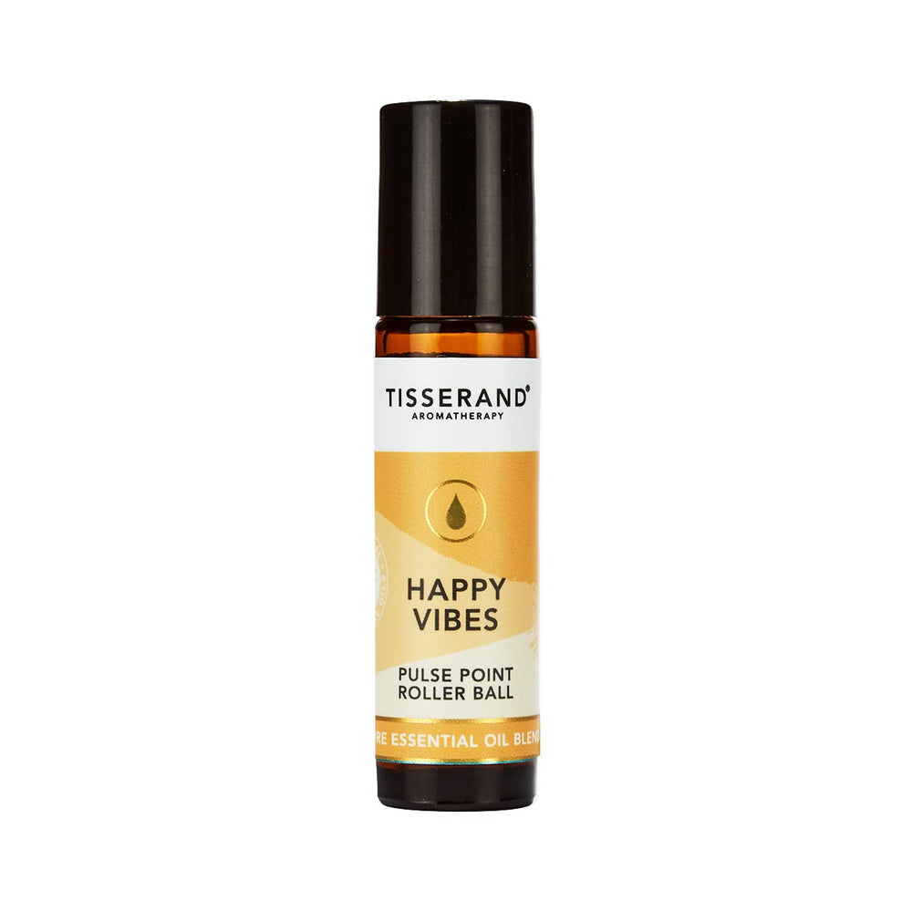Tisserand Happy Vibes roller ball packaging shows a compact on-the-go aromatherapy solution.