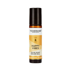 Tisserand Happy Vibes roller ball packaging shows a compact on-the-go aromatherapy solution.