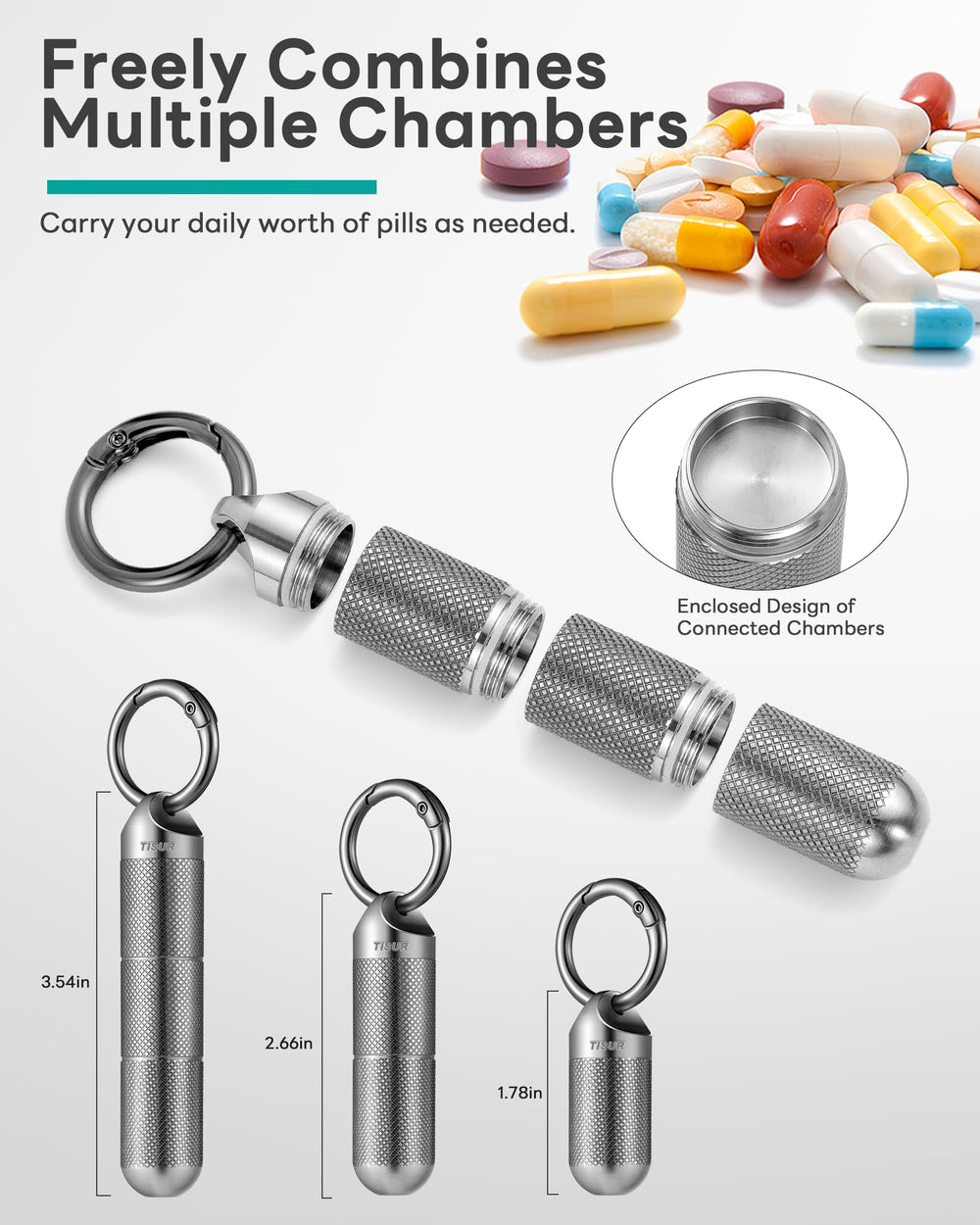 TISUR compact pill case weighing 0.63 oz fits easily in purse or pocket.