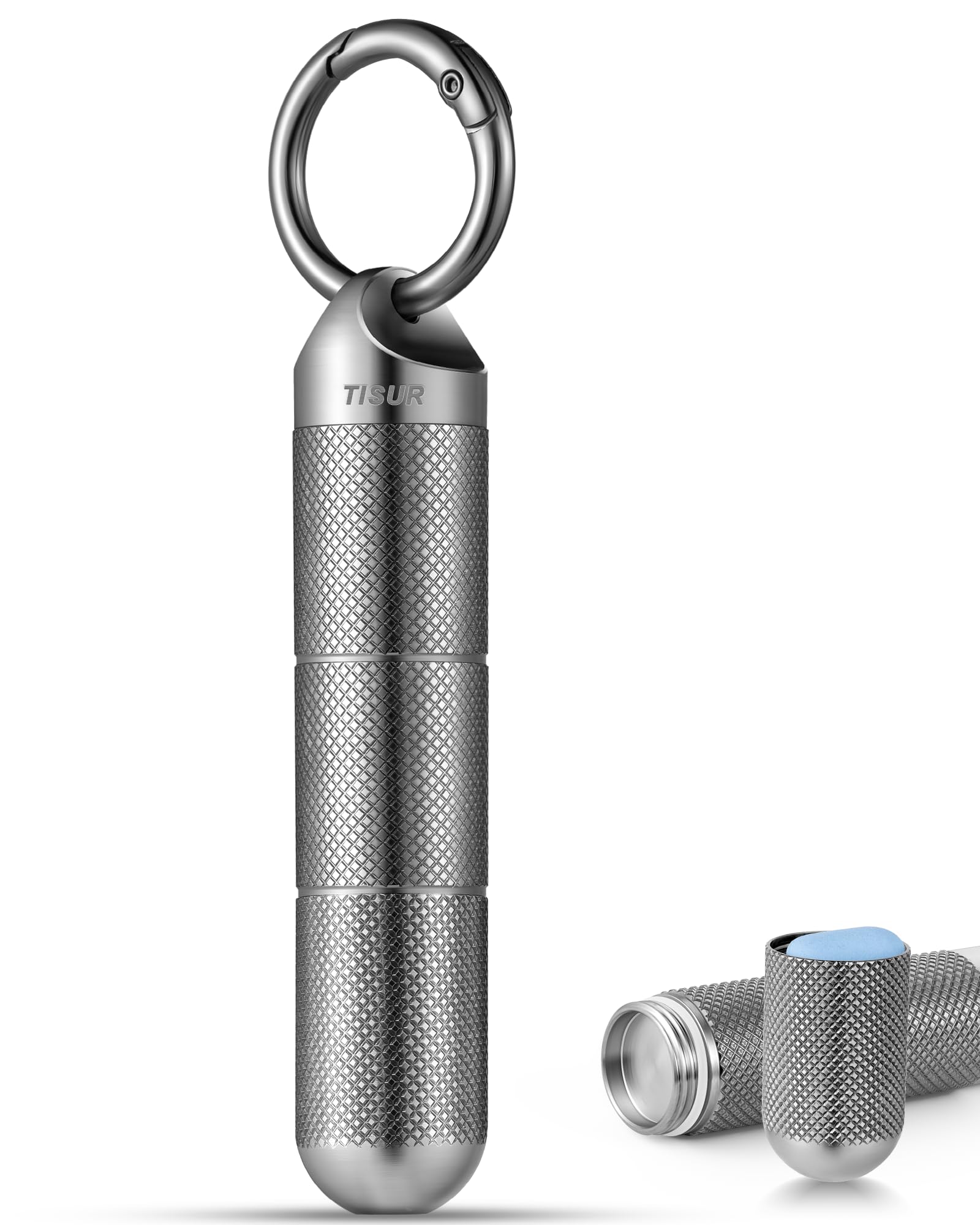 TISUR titanium keychain pill holder shown as a compact, durable everyday carry solution.