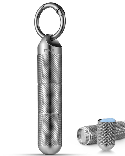 TISUR titanium keychain pill holder shown as a compact, durable everyday carry solution.
