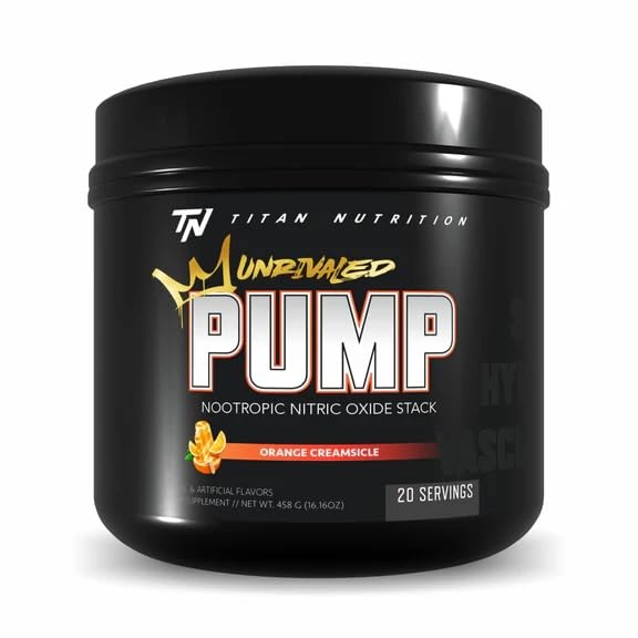 Titan Nutrition Pump Unrivaled bottle on countertop for nitric oxide support.