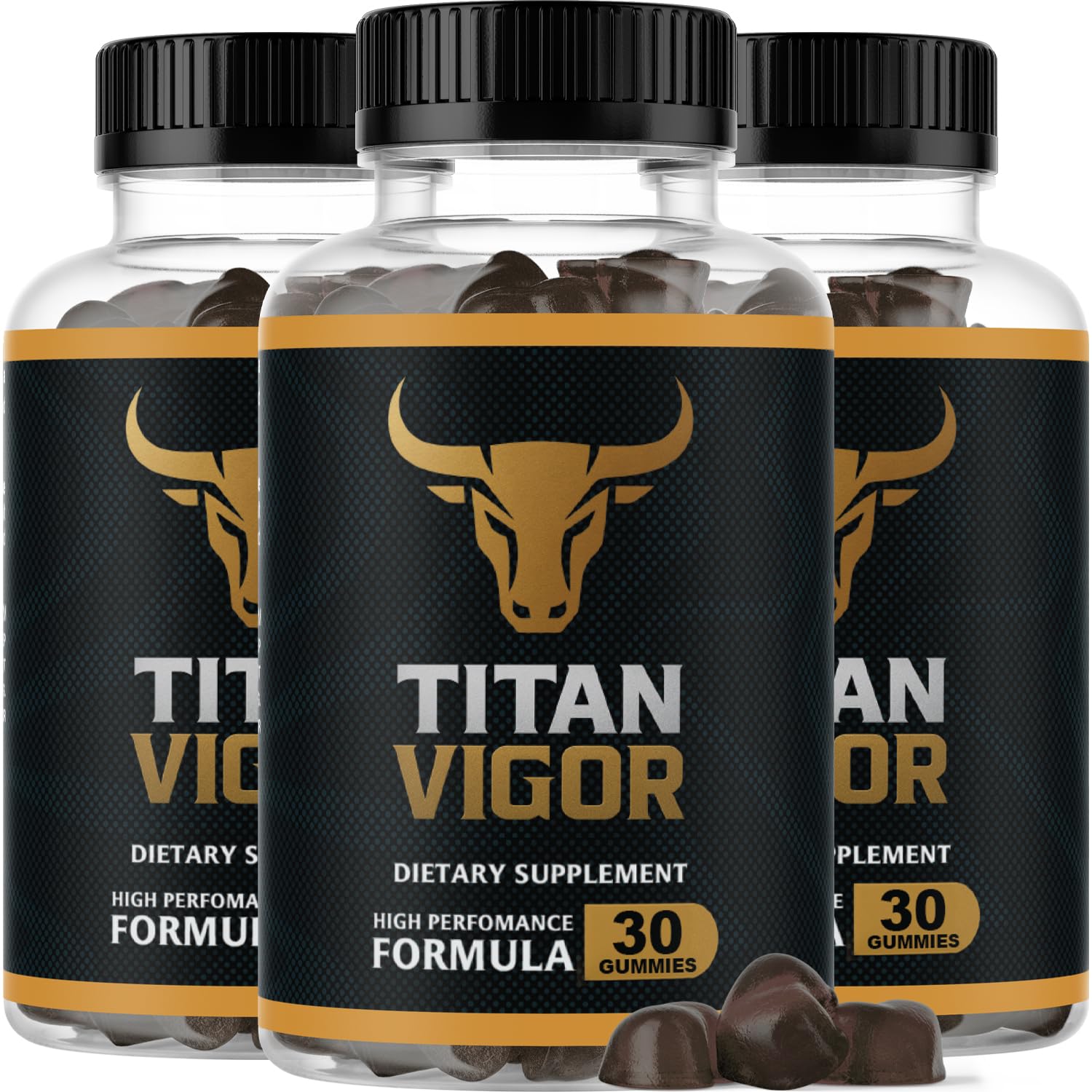 Titan Vigor Gummies bottle close-up highlighting bold packaging for daily energy support