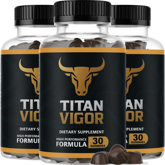Titan Vigor Gummies bottle close-up highlighting bold packaging for daily energy support