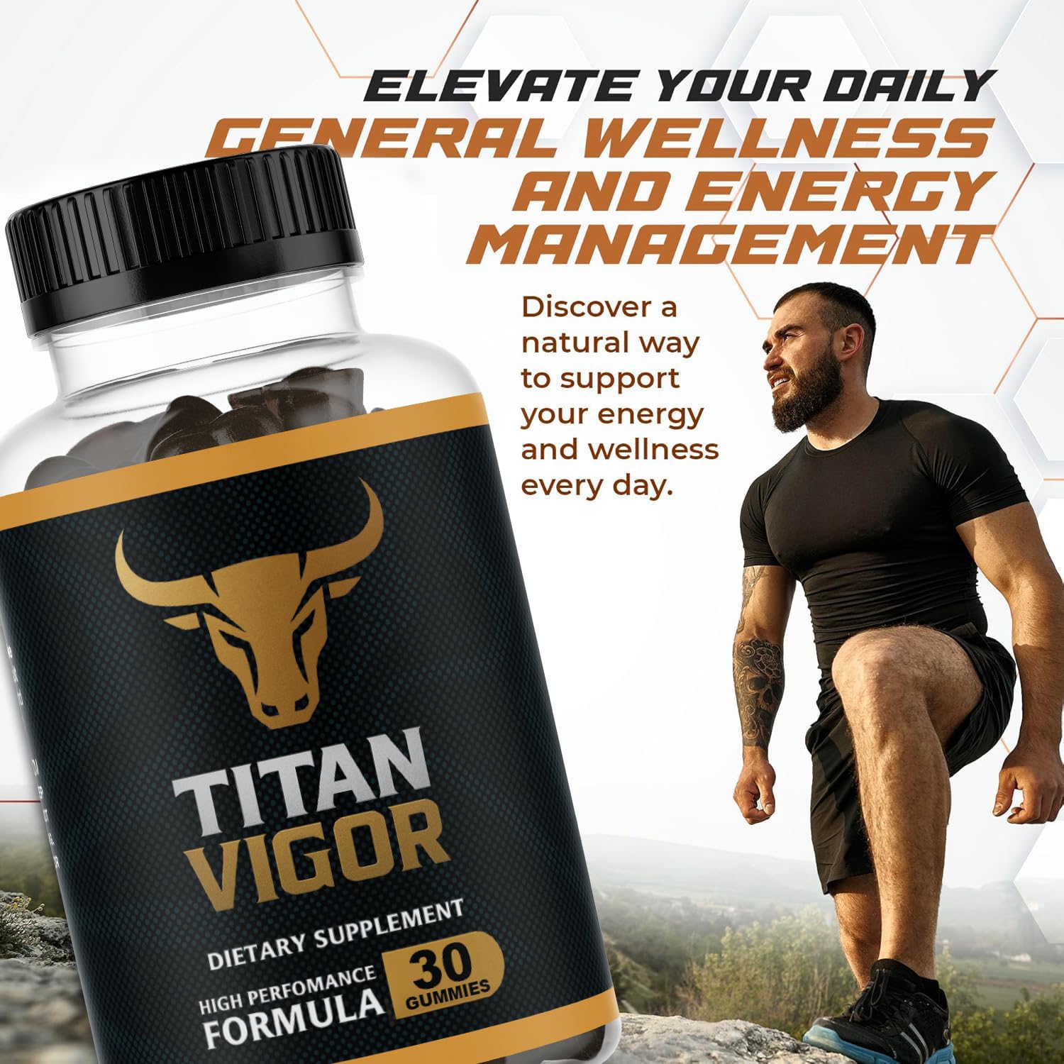 Titan Vigor Gummies bottle pouring, convenient daily intake for steady energy