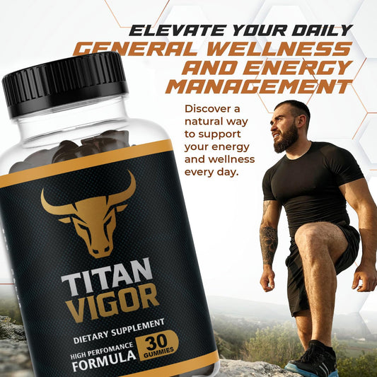 Titan Vigor Gummies bottle pouring, convenient daily intake for steady energy