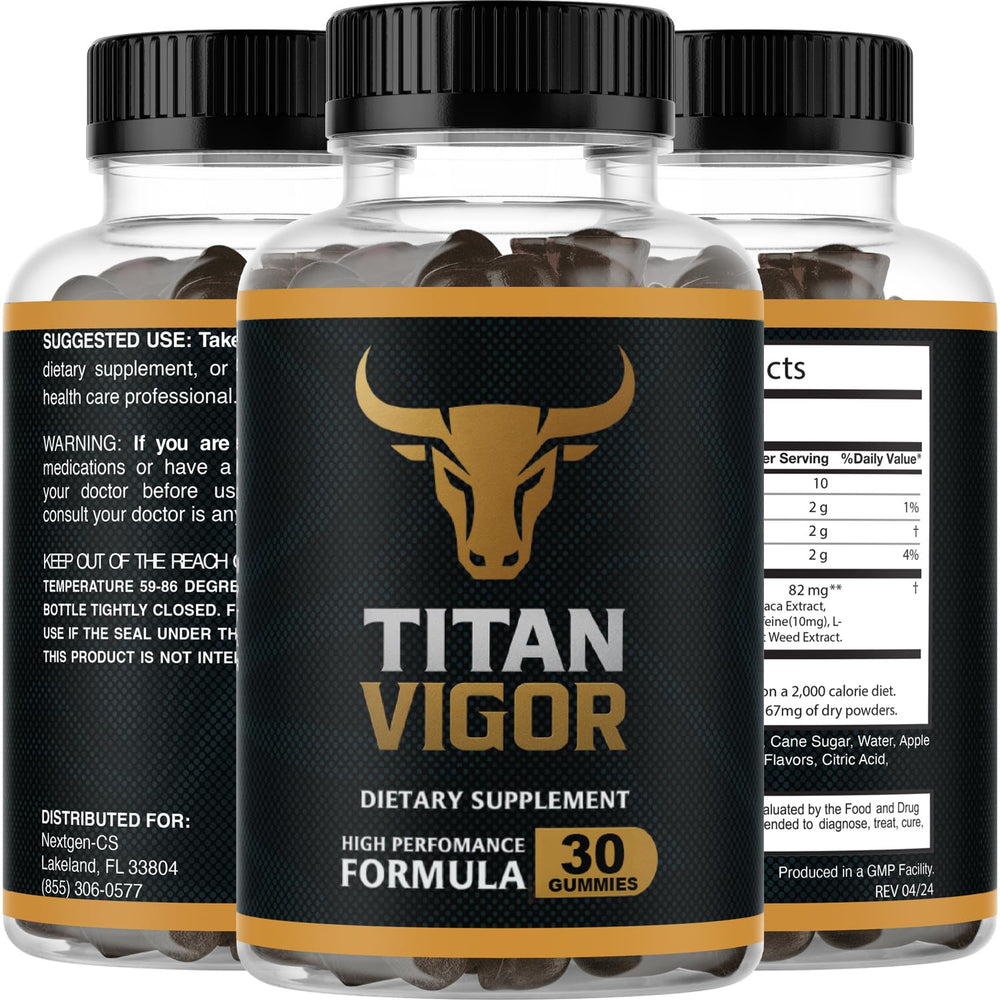 Titan Vigor Gummies with glass of water suggests a simple daily routine