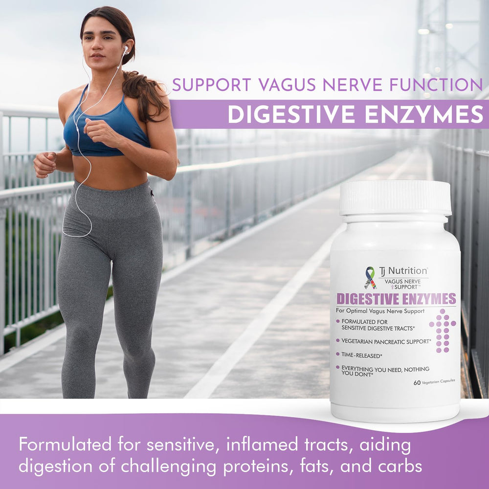 TJ Nutrition Digestive Enzymes timed-release capsules for smoother digestion.