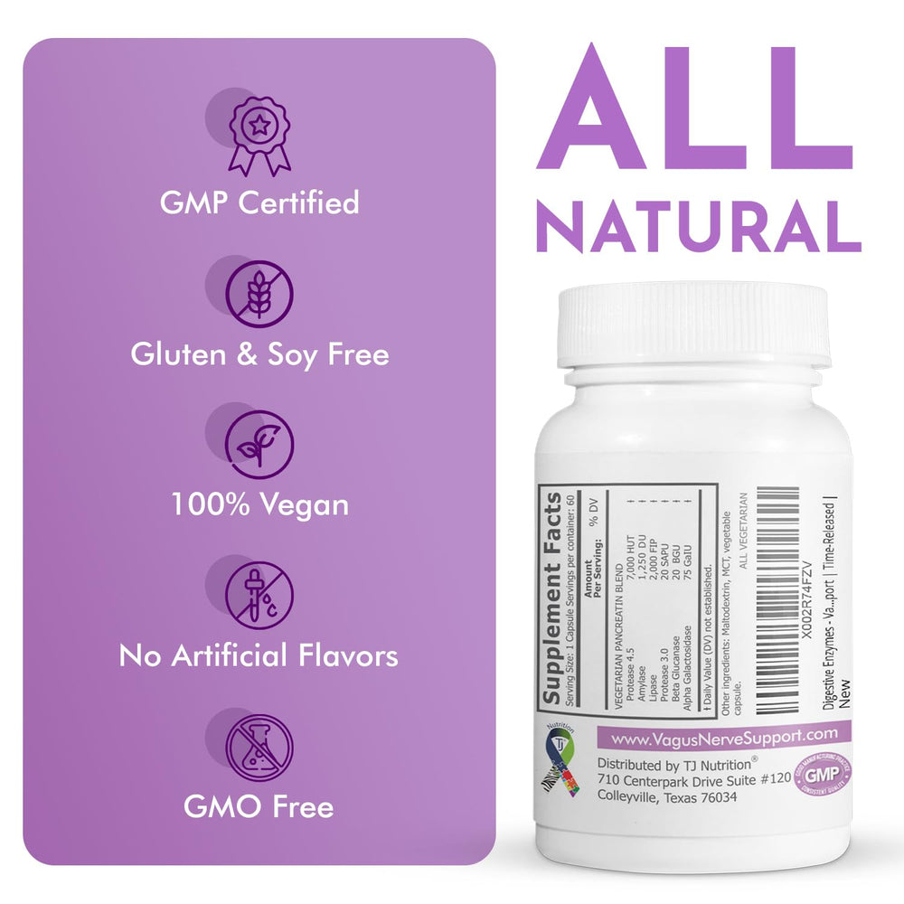 TJ Nutrition Digestive Enzymes bottle highlights vagus nerve support benefits.