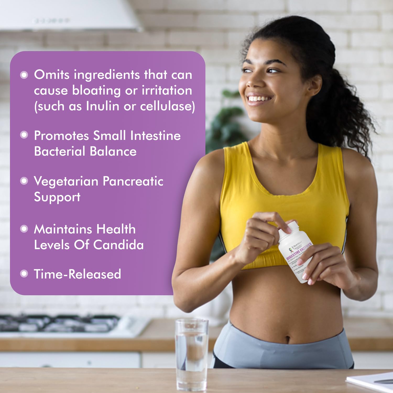 TJ Nutrition Digestive Enzymes vegetarian formula supports plant-based dietary choices.