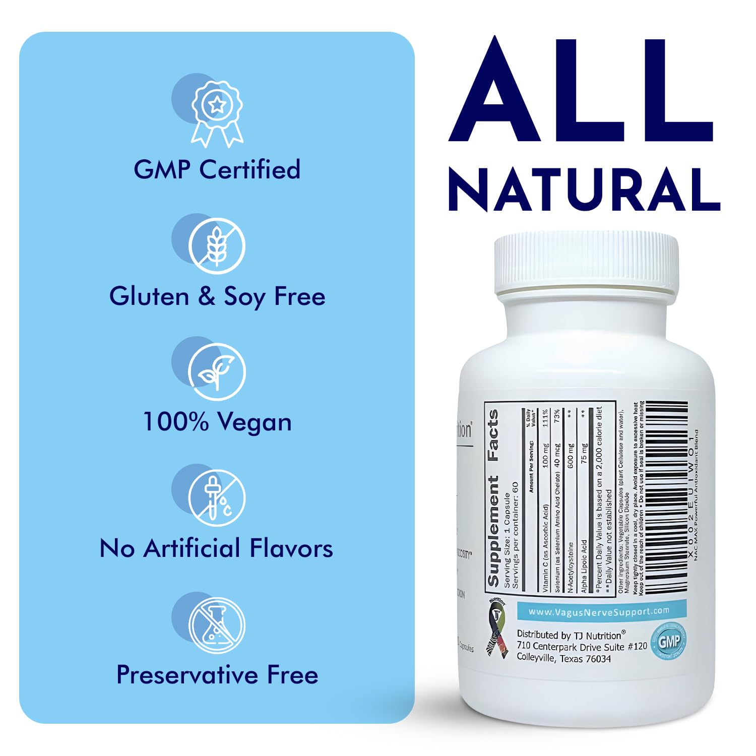 TJ Nutrition NAC MAX boxed packaging communicates purity and quality