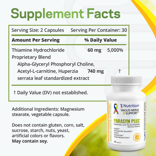 TJ Nutrition Parasym Plus capsules close-up; may support brain health and memory.