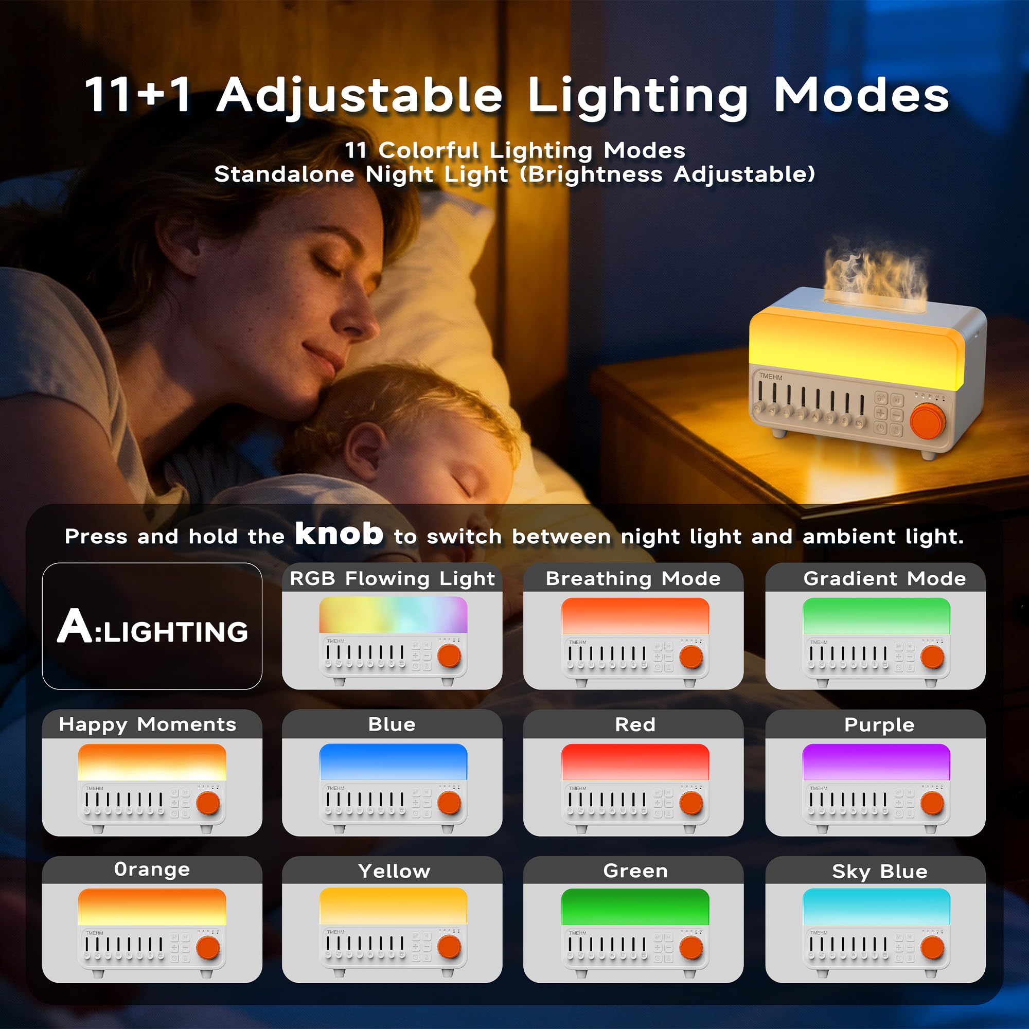 TMEHM diffuser with 12-color LED lighting for mood-enhancing ambience.