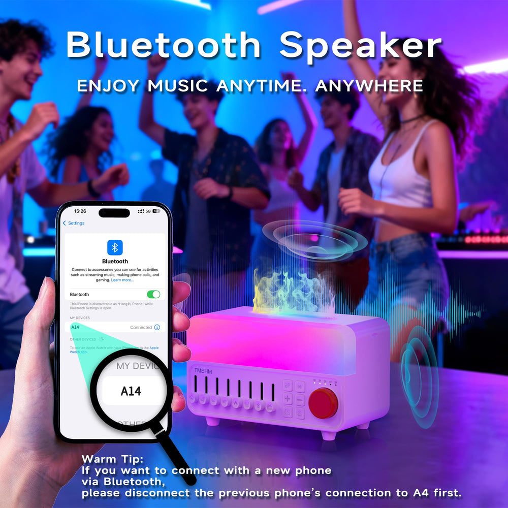 TMEHM diffuser flame-effect mode with seven-color cycling visuals.
