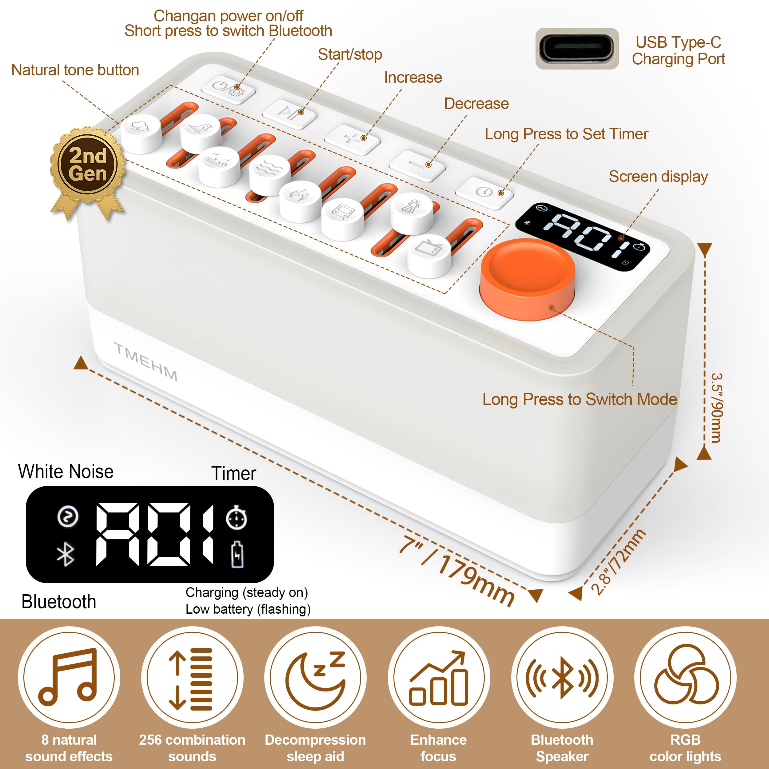 TMEHM 3-in-1 Sleep Sound Machine with 11 brightness levels for ambient lighting