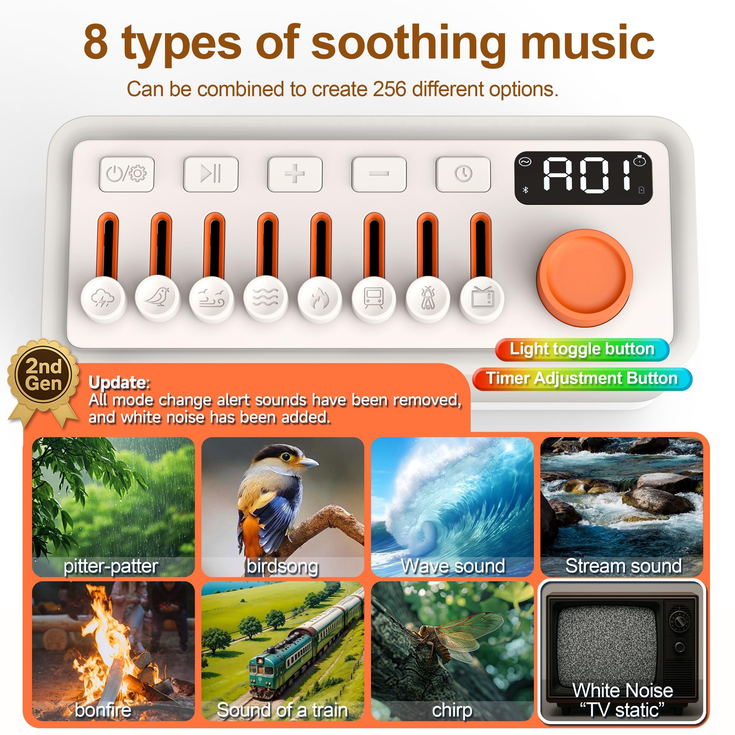 TMEHM sleep sound machine displaying 8 sound options for customized relaxation