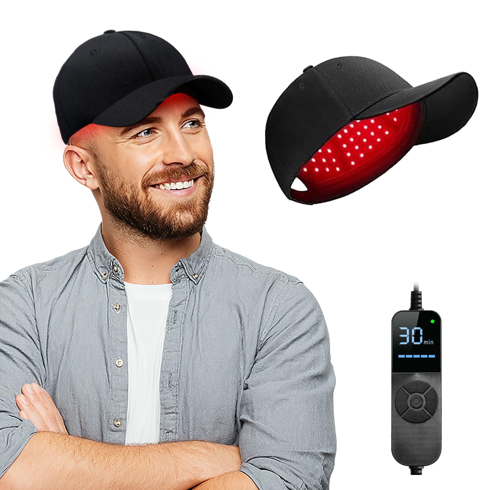 TMOSSO Laser Cap worn during a session for potential scalp stimulation.