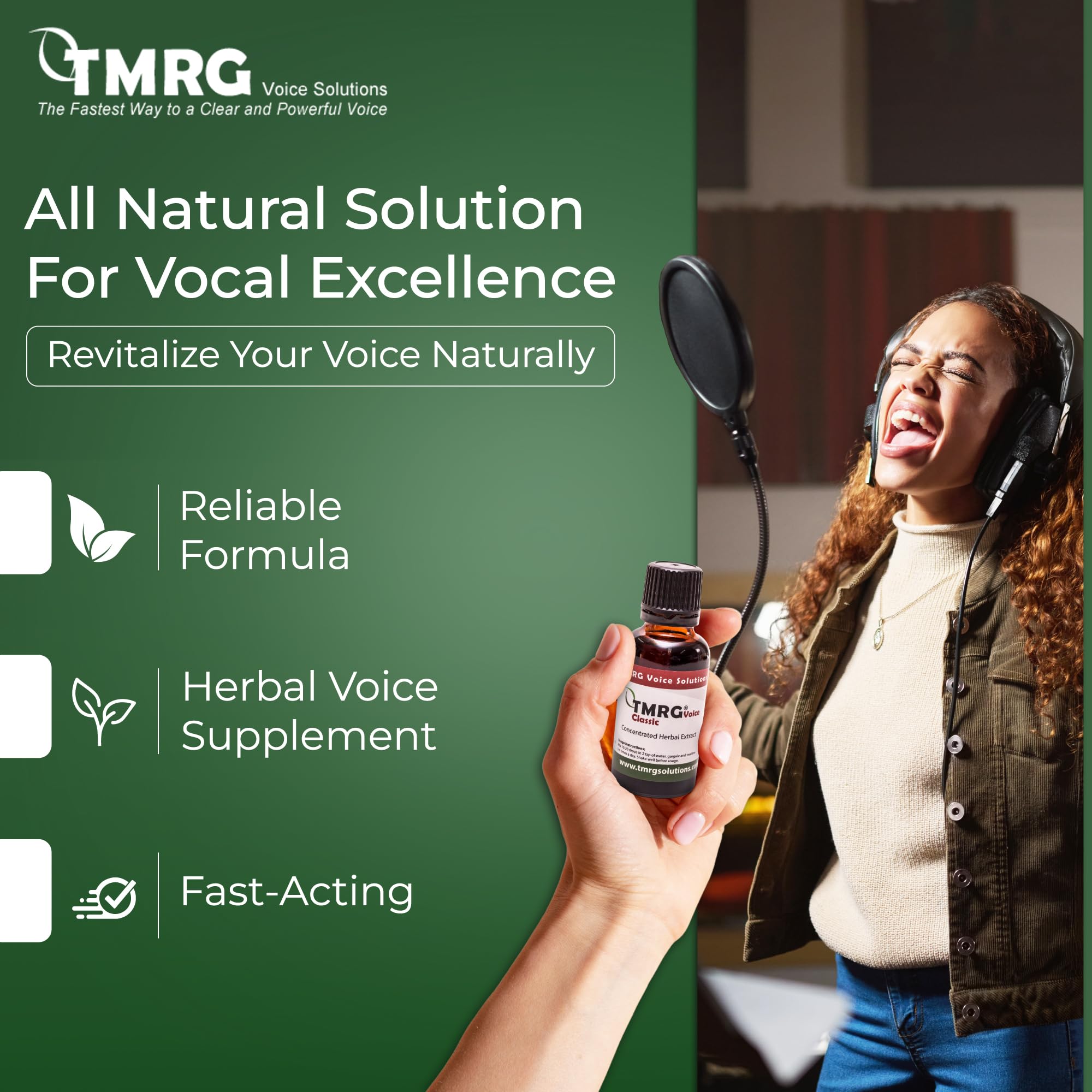 TMRG Classic remedy label highlighting natural formula for vocal comfort.