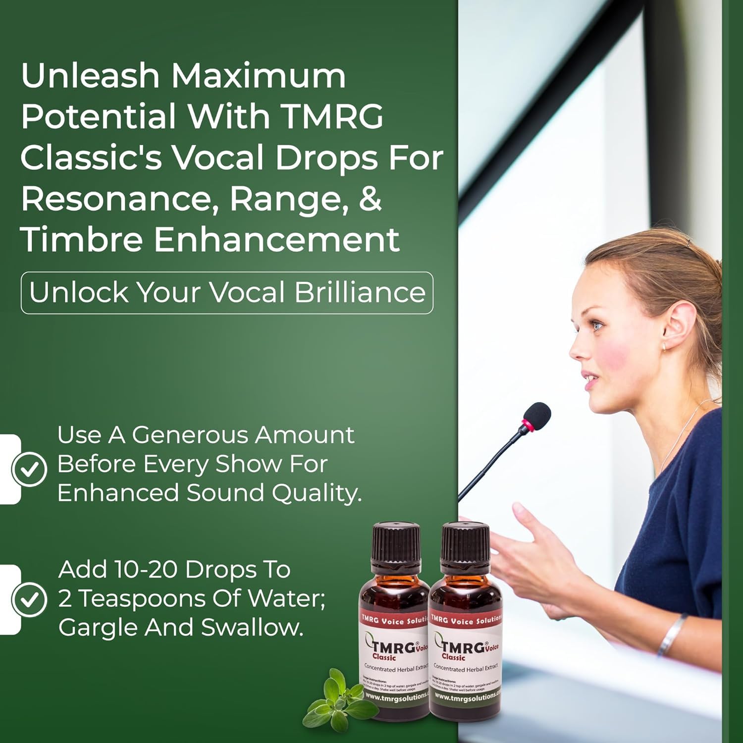 On-stage performer prepares to use TMRG drops for vocal support.