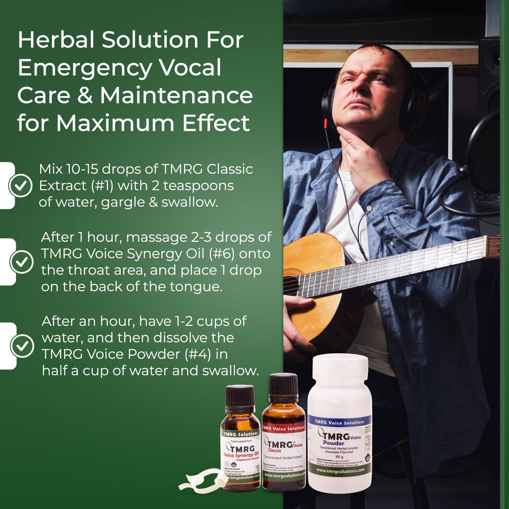 TMRG Synergy Oil demonstrated for warm-up routines and vocal preparation.