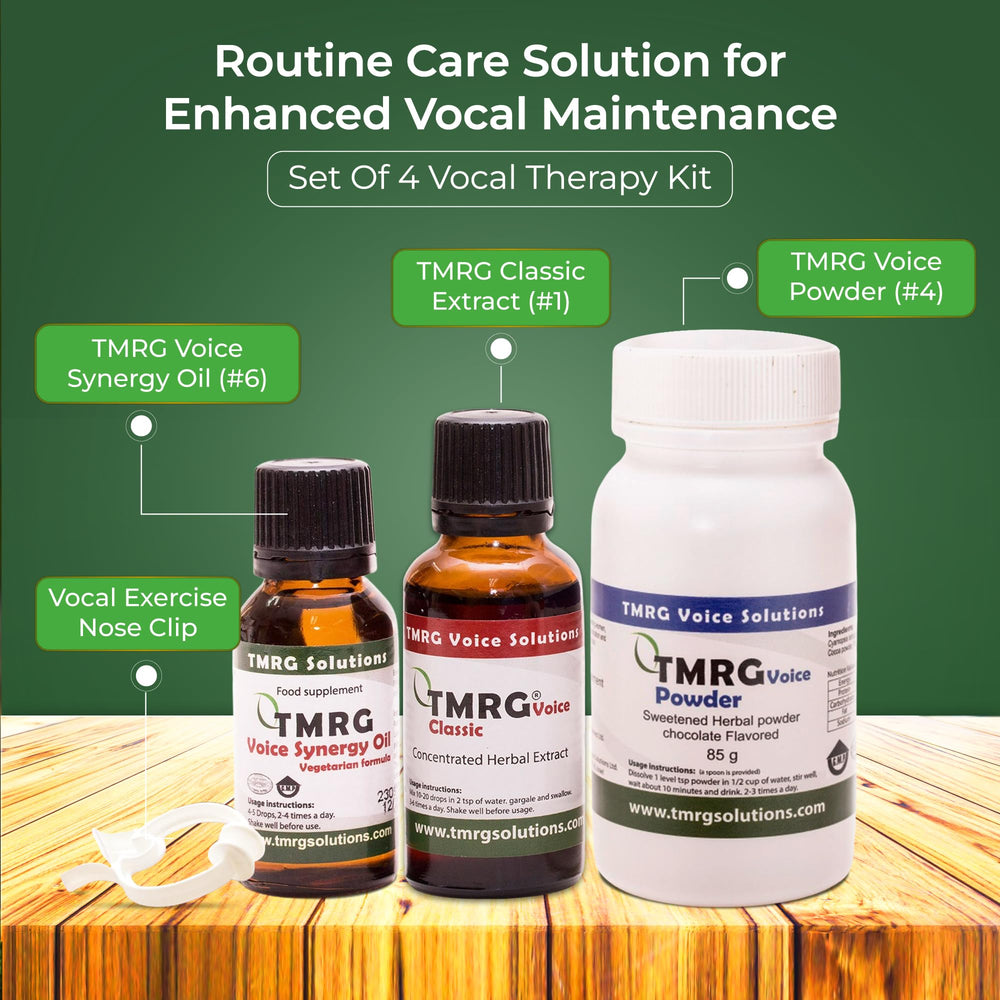 TMRG Cocoa-Flavored Herbal Powder dissolving in a drink for daily vocal support.