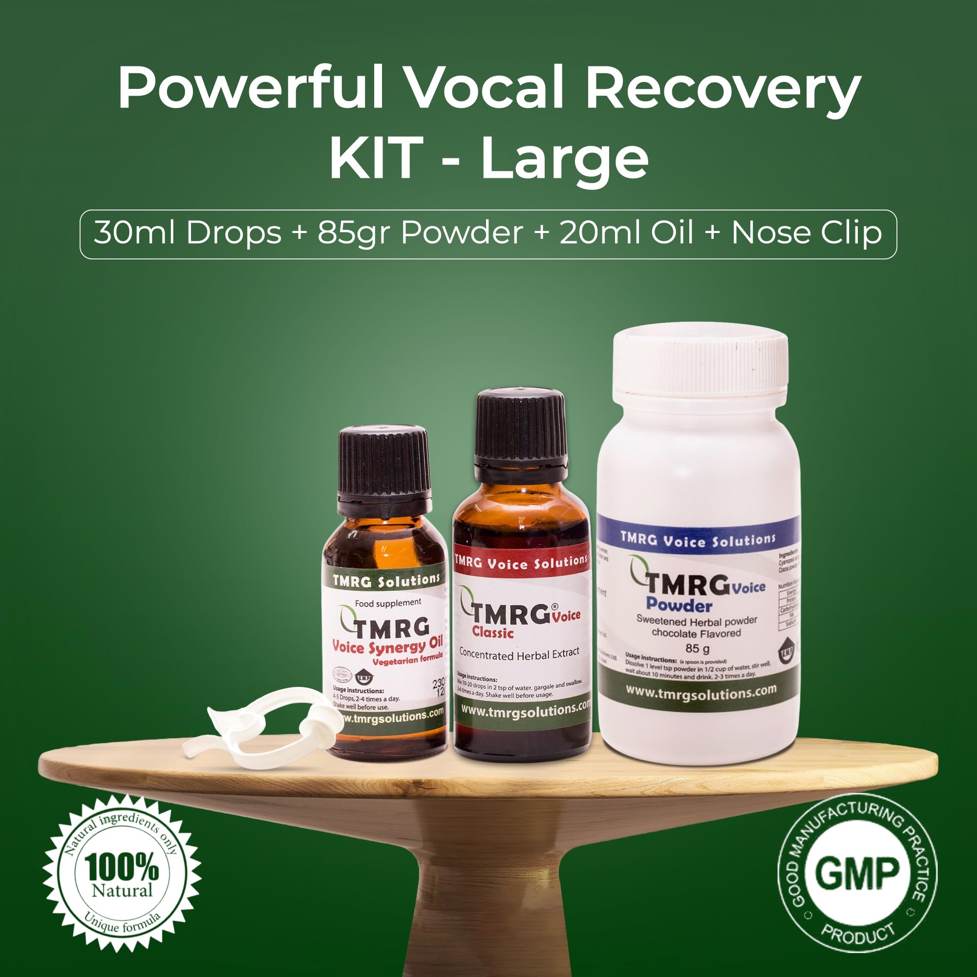 TMRG Synergy Oil bottle ready to apply, supporting vocal comfort during performances.