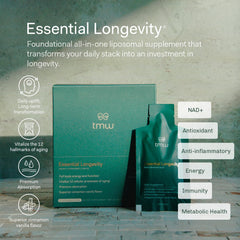 Packaging for TMW Essential Longevity shows 30 sachets for convenience.