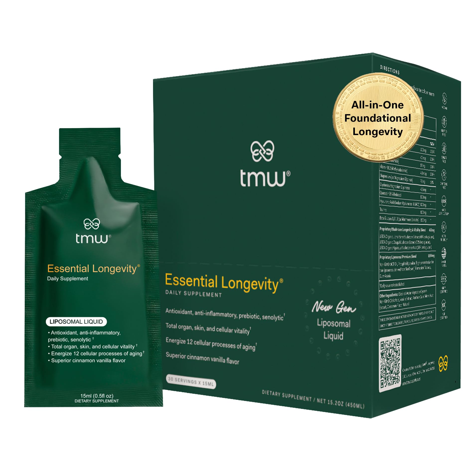 TMW Essential Longevity sachets on a tray signaling daily vitality.