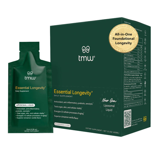 TMW Essential Longevity sachets on a tray signaling daily vitality.