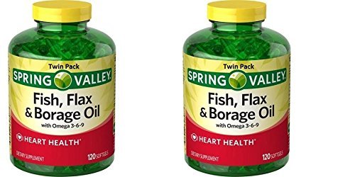 TNDCKP Spring Valley softgels bottles; fish, flax, and borage oil for daily heart health support.