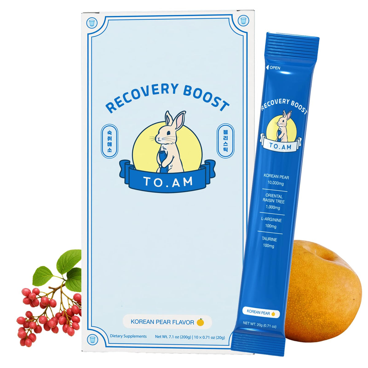 TO. AM Recovery Boost jelly stick packaging shows a portable post-event wellness option.
