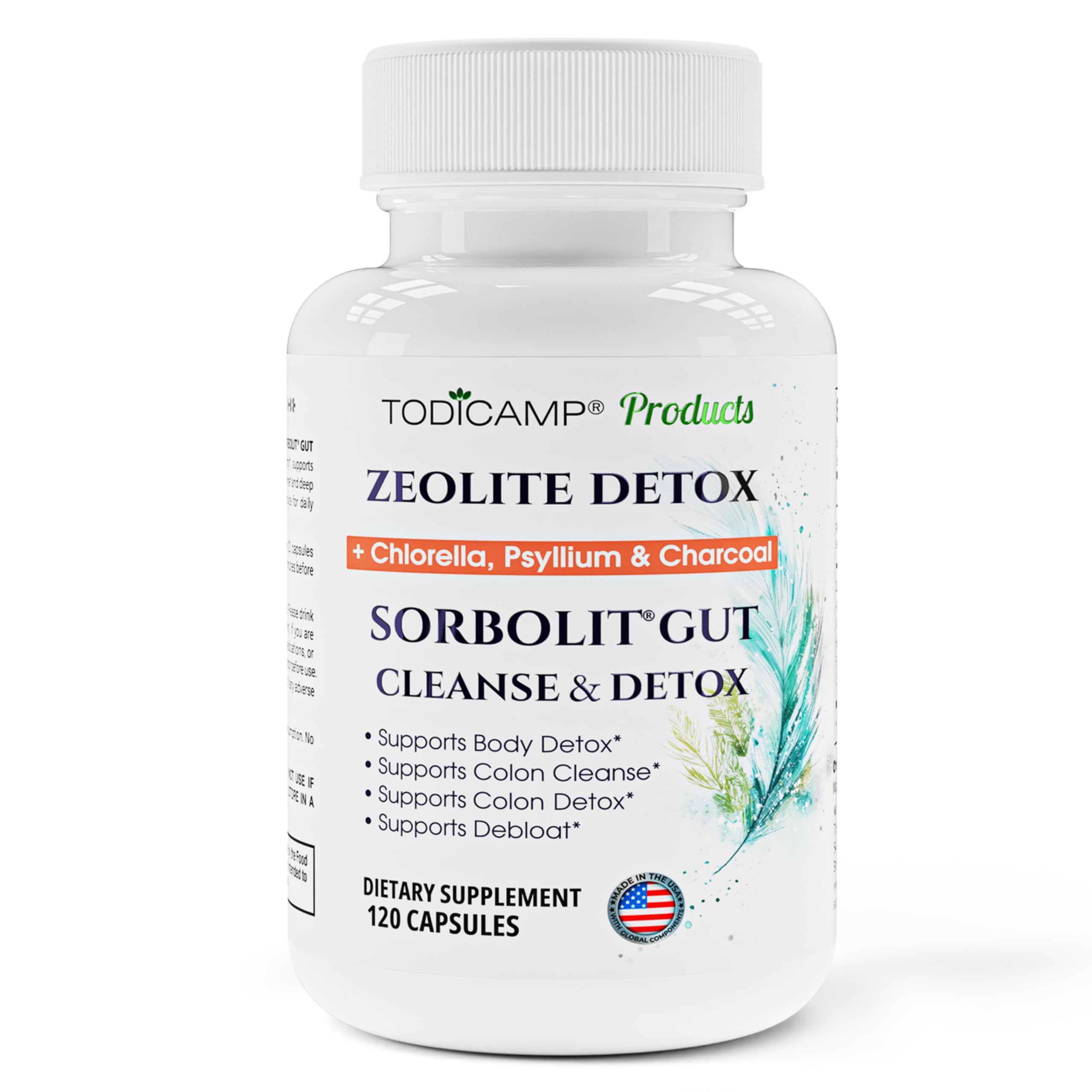 TODICAMP Sorbolit zeolite detox bottle demonstrates a mineral-based cleanse for gentle waste capture.