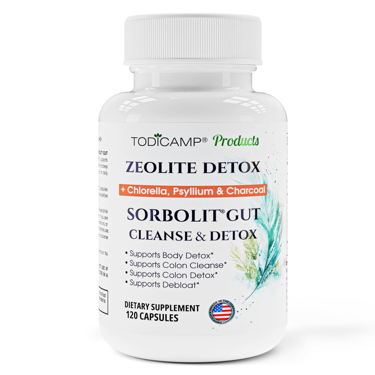 TODICAMP Sorbolit zeolite detox bottle demonstrates a mineral-based cleanse for gentle waste capture.
