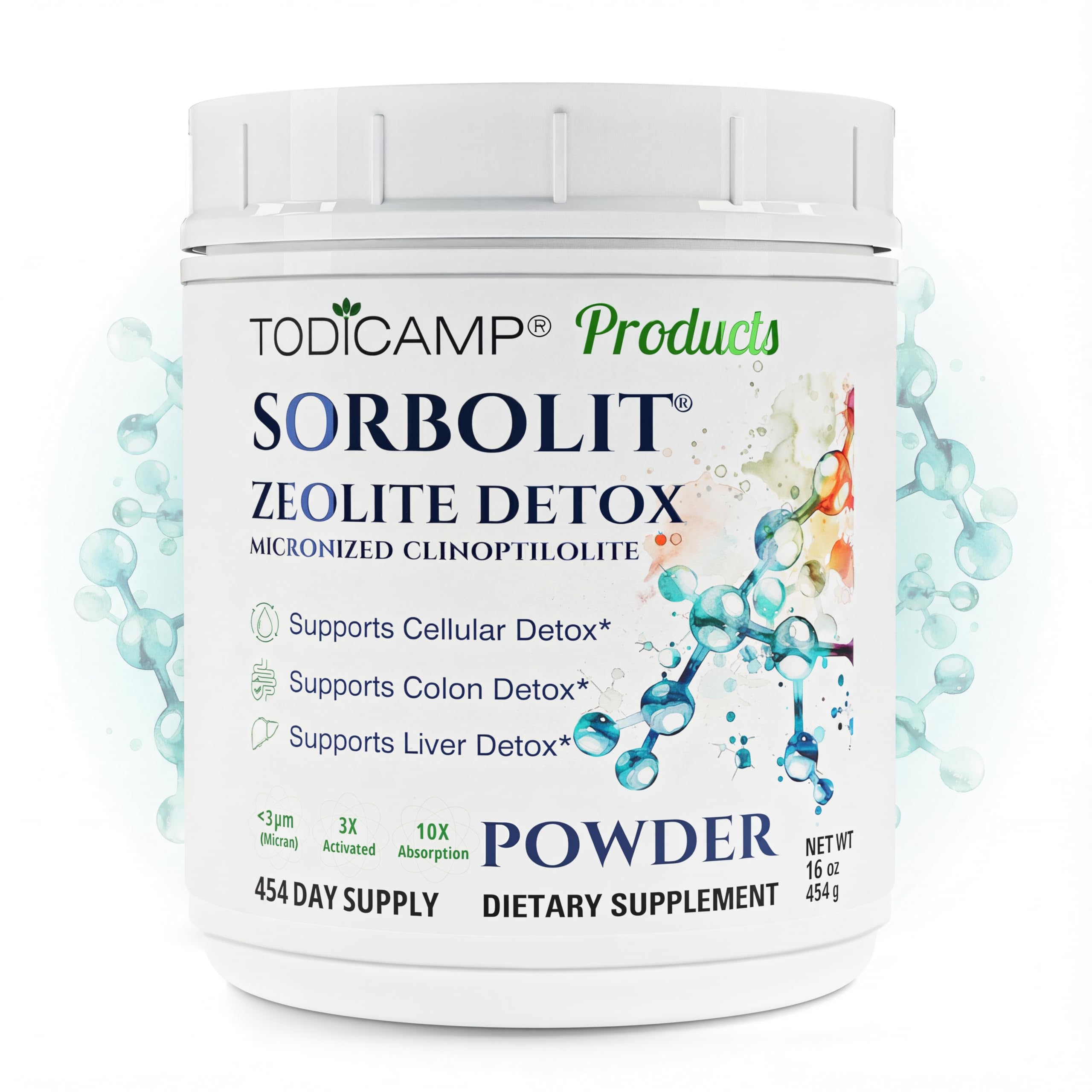 TODICAMP Zeolite Detox bottle ready for daily use and gentle detox support.