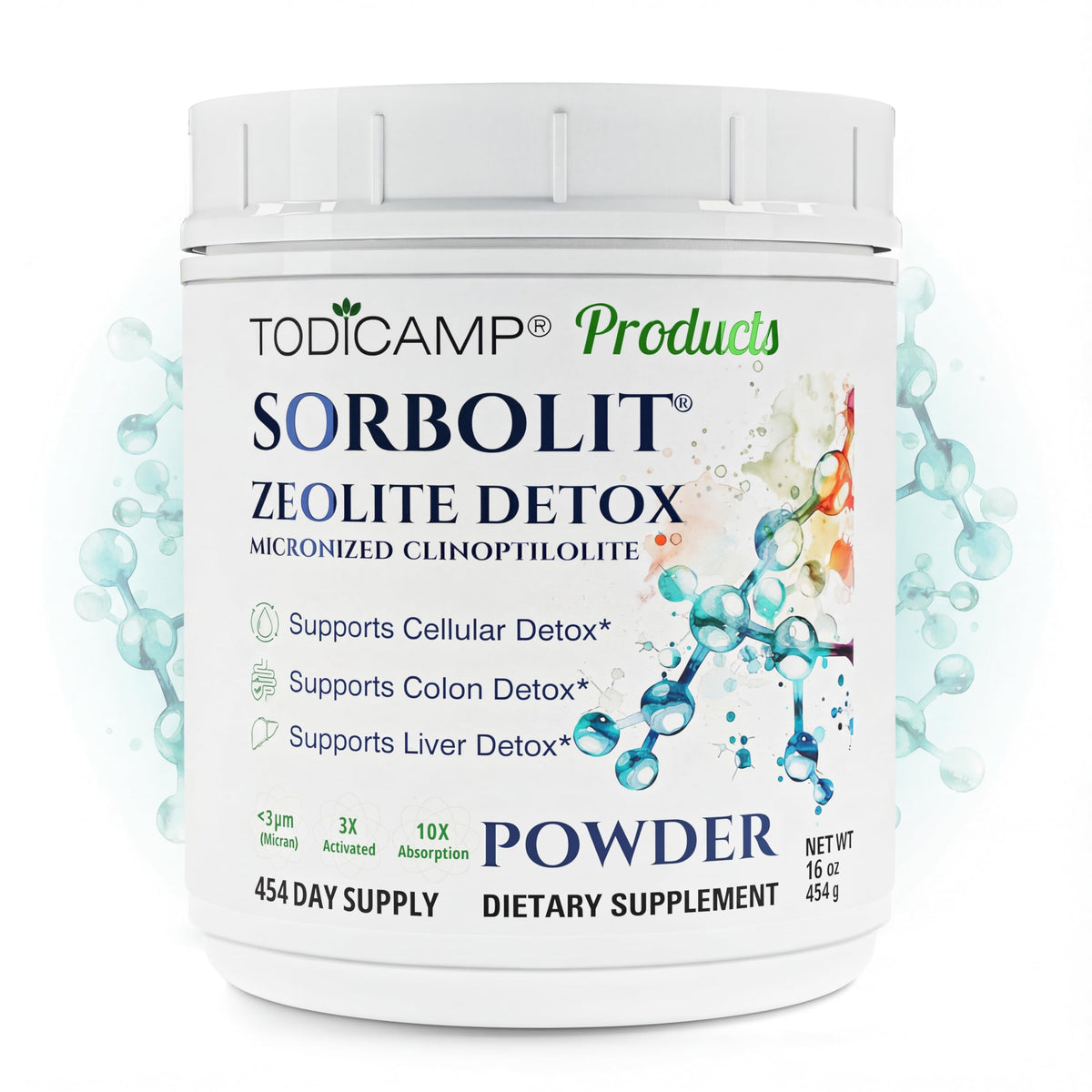 TODICAMP Zeolite Detox bottle ready for daily use and gentle detox support.
